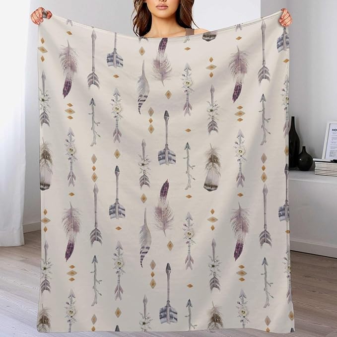 Boho Tribe Blanket, Bohemian Aztec Ethnic Tribe Native Tribal Arrows Feathers Print Pattern Throw Blanket for for Chair Bed Sofa Couch 40"x50"