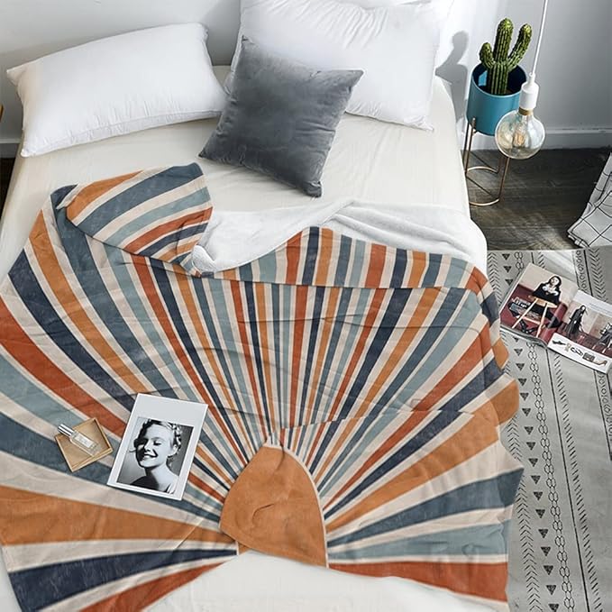 Boho Colorful Sunrise Throws Blankets Abstract Mid Century Modern Throw Blanket Minimalist Sun Boho Leaves Aesthetic Soft Warm Bed Bedding Women Blankets for Couch Bedroom Office 70"x80"