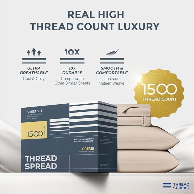 THREAD SPREAD 100% Egyptian Cotton Sheets Queen Size - 1500 Thread Count 4 PC Sheet Set Egyptian Cotton, Sateen Luxury Sheet Queen Size, Silky Soft Sateen Sheets, 17" Deep Pocket - Taupe