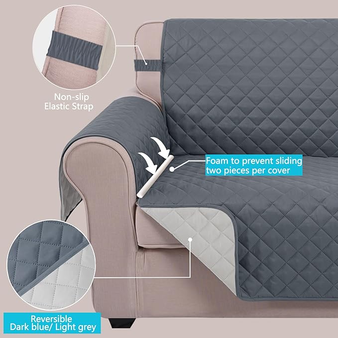 U-NICE HOME Recliner Chair Covers Reversible Chair Cover Pet Covers for Dogs with Elastic Straps Water Resistant Diamond Quilted (23''Recliner Small, Dark Blue/Light Grey)