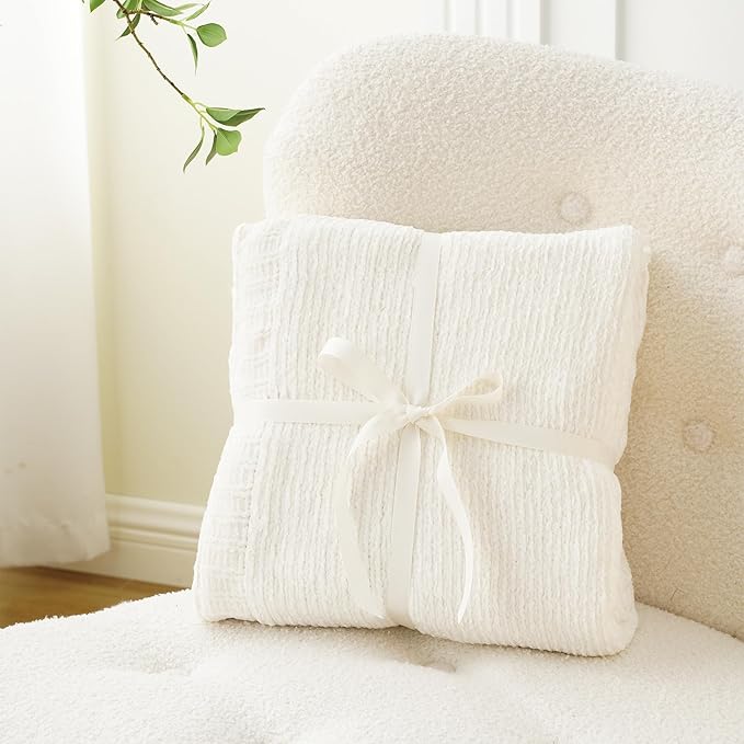 BATTILO HOME White Chenille Throw Blanket for Couch, Knit Cream Chenille Blanket for Bed, Sofa, Home Decor, Soft Warm Ivory Throw Blankets for Farmhouse,51"x67"