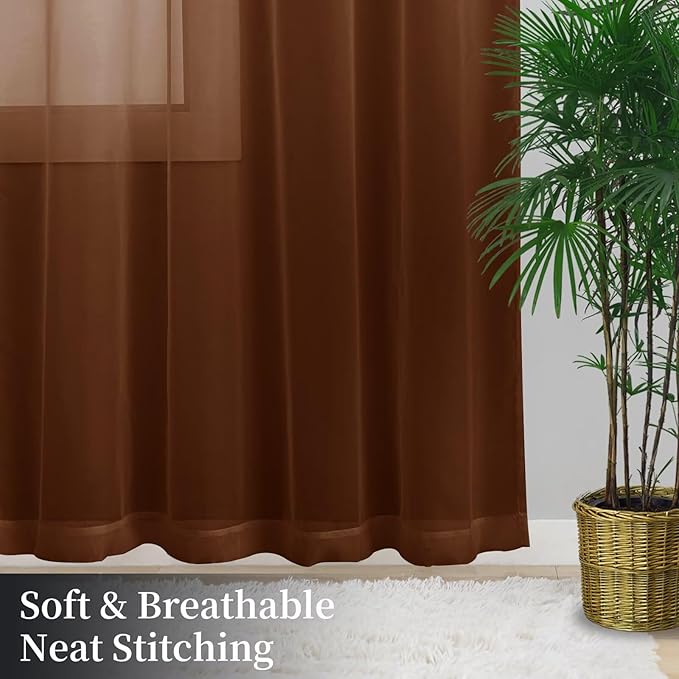 Sheer Curtains 63 Inches Long 2 Panels, Rod Pocket Short Curtain for Kitchen, Bedroom, Cafe Window(Brown 38" W x 63" L)