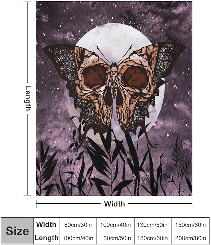 Death Moth Blanket, Boho Gothic Skull Moth Purple Starry Plant Full Moon Mysterious Witchy Throw Blanket for Couch Sofa Office Bed Travelling Bed Throws, 40"x50"