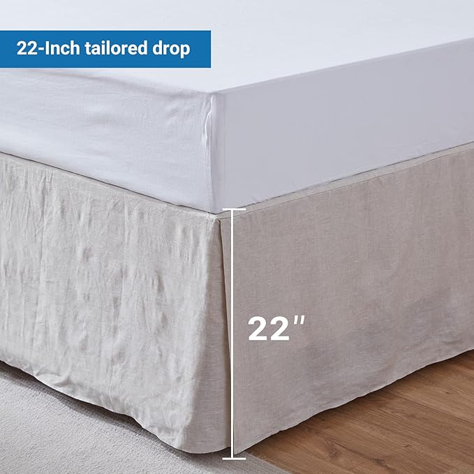 Simple&Opulence Belgian Linen Bed Skirt with Classic 22 inch Tailored Drop Dust Ruffle, Easy Fit Breathable Premium Natural Flax - Basic Linen, Queen