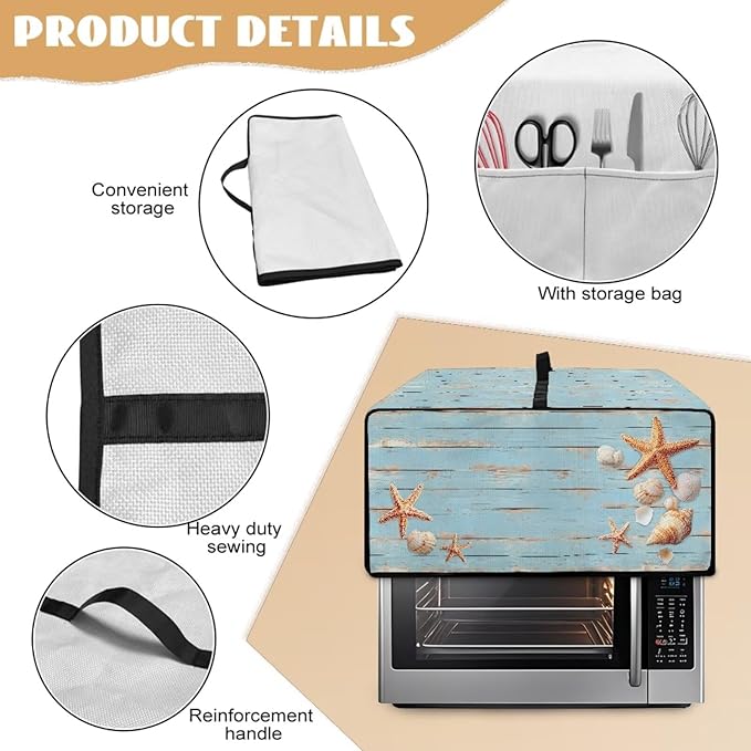 Dustproof Microwave Oven Cover Polyester-Linen Fabric Dust Cover for Microwave Oven Foldable Kitchen Machine Covers with Storage Pockets, Starfish Seashell Wood Grain Print, S
