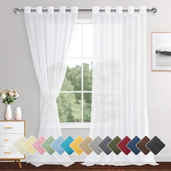 XWZO White Sheer Curtains for Bedroom, Light Filtering & Breathable Extra Wide Grommet Voile Window Curtains for Living Room, Home Decor with Tiebacks, Set of 2 Panels, 60 x 95 Inches Long