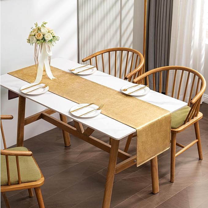 BALCONY & FALCON Gold Table Runner Lustrous Linen 14"x95" Water Resistant Washable Vintage Rustic Runner for Table, Dining, Party, Wedding, Birthday, Easter, Thanksgiving, Christmas Décor