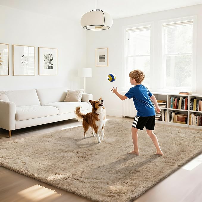 Fluffy Rug Shaggy Area Rug, Beige 9x12 Area Rugs for Living Room, Large Shag Area Rugs for Bedroom Kids Room Home Decor, Upgrade Anti-Skid Rectangular Fuzzy Rugs