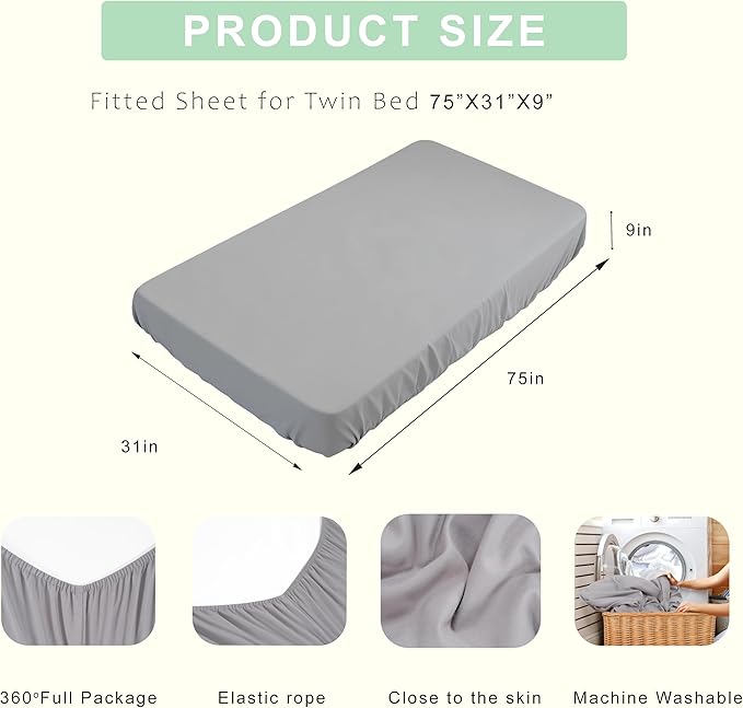 Fitted Sheets 31x75 Inches, 1 Pack Super Soft Microfiber Cot Size Sheet Set for Narrow Twin, Camp Bunk, RV Bed, Army Cot & Trifold Mattress, Breathable Bottom Bed Cover, Light Grey