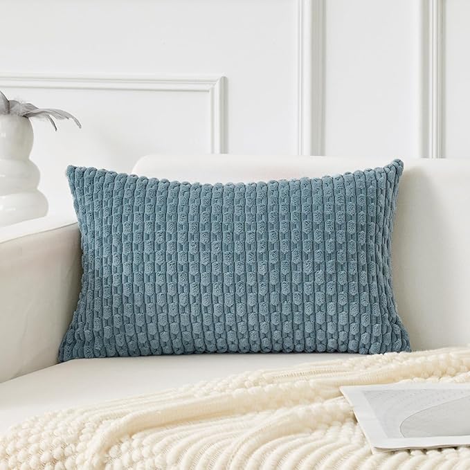 Kevin Textile 12x24 Inch Pillow Cover 1 Pack Boho Decorative Soft Striped Corduroy Lumbar Farmhouse Solid Color Accent Rectangle Cushion Case for Living Room Couch Sofa Bed, Blue Grey