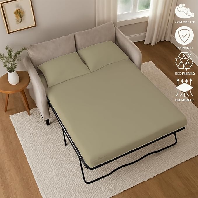 Sleeper Sofa 4 Piece Bed Sheet Set Premium Quality 100% Cotton 500 Thread Count, Smooth & Super Soft Sateen Weave, Extra Soft Bed Sheets, Wrinkle Free, 8 Inch Deep Pocket (Queen, Beige)