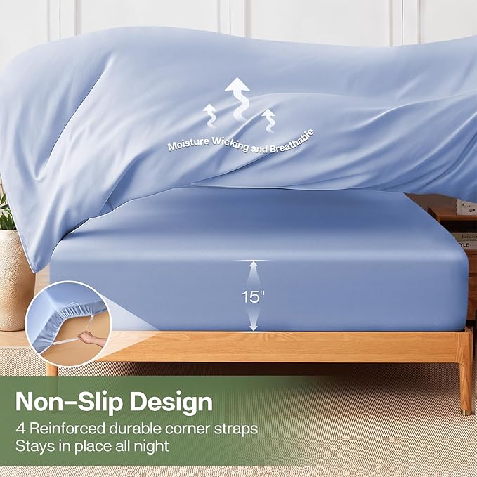 MR&HM Queen Fitted Sheet Only, Ultra-Soft Rayon Derived from Bamboo & Polyester Blend, Silky & Breathable, 15" Deep Pocket with Elastic Straps, Cooling Fitted Sheet for Hot Sleepers, Light Blue