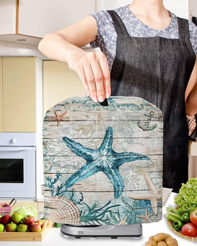 Turquoise Starfish Stand Mixer Dust Cover with Storage Pocket & Handles, Fits All Tilt Head & Bowl Lift Coastal Shells Kitchen Appliance Cover Organizer Nautical Anchor Wood Bag Accessories, 6-8 Quart
