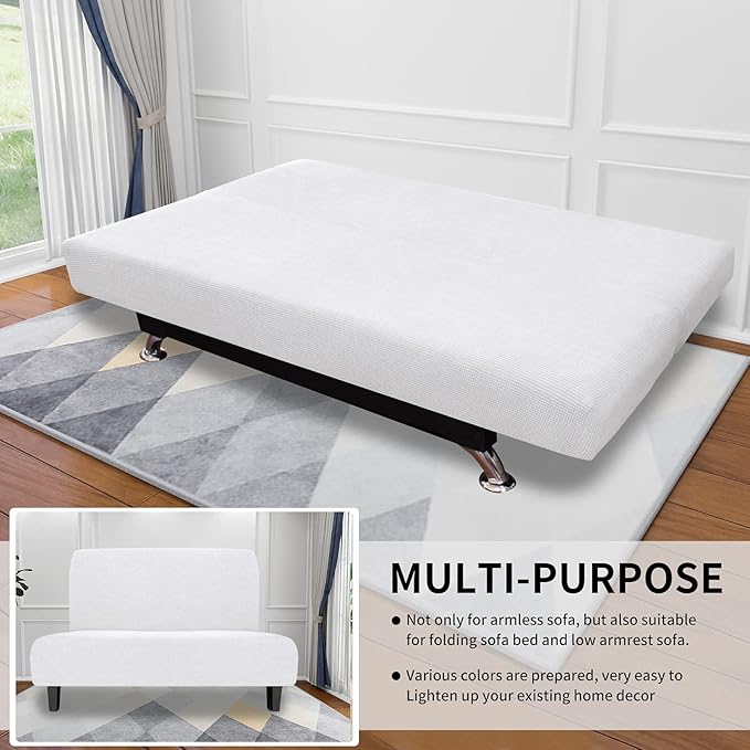 Easy-Going Stretch Futon Slipcover Armless Futon Bed Cover Furniture Protector Without Armrests with Elastic Bottom for Kids, Soft Jacquard Fabric Small Checks (Medium, Snow White)
