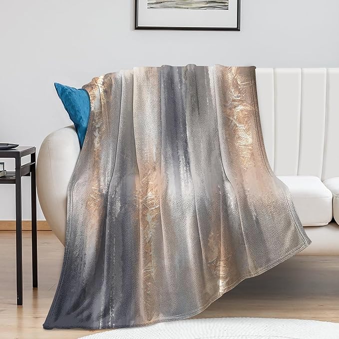 Abstract Gradient Blanket, Modern Fashion Baroque Gold Grey Painting Strokes Pattern Soft Warm Cozy Plush Flannel Covers for Livingroom Bedroom Couch Chair Camping Travel Home Decor Tapestry 40x50in