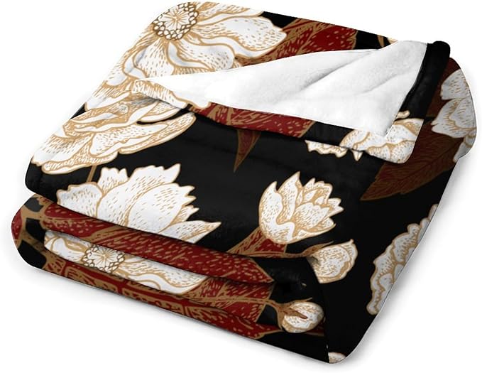 Red Gold Floral Blanket, Boho Dark Flower Leaves Chinese Plum Blossoms Botanical Vintage Throw Blanket for Bed Living Room Bedding Couch Soft Lightweight Warm Cozy Decor, 50"x60"
