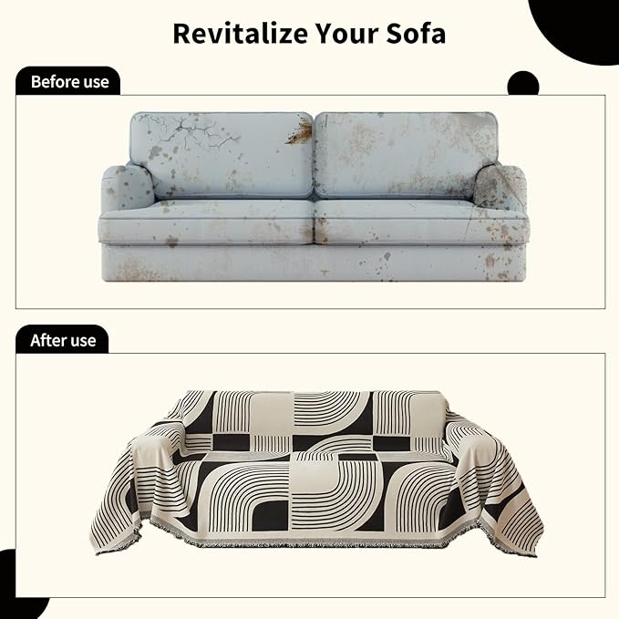 Boho Couch Cover Sofa Covers Washable, Chenille Couch Covers for 3 Cushion Couch Sofa Pet Friendly, Bohemian Sofa Slipcovers for Sectional Sofa, Loveseat, 2 3 4 Seater (71" x 150", Black)