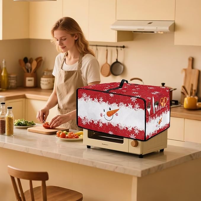 Christmas Countertop Convection Oven Cover Dust Protection Air Fryer Toaster Oven Covers for Home Kitchen Decorations 16.5 x 20.5 x 10 Inches, M, Snowman Face Snowflake Red White