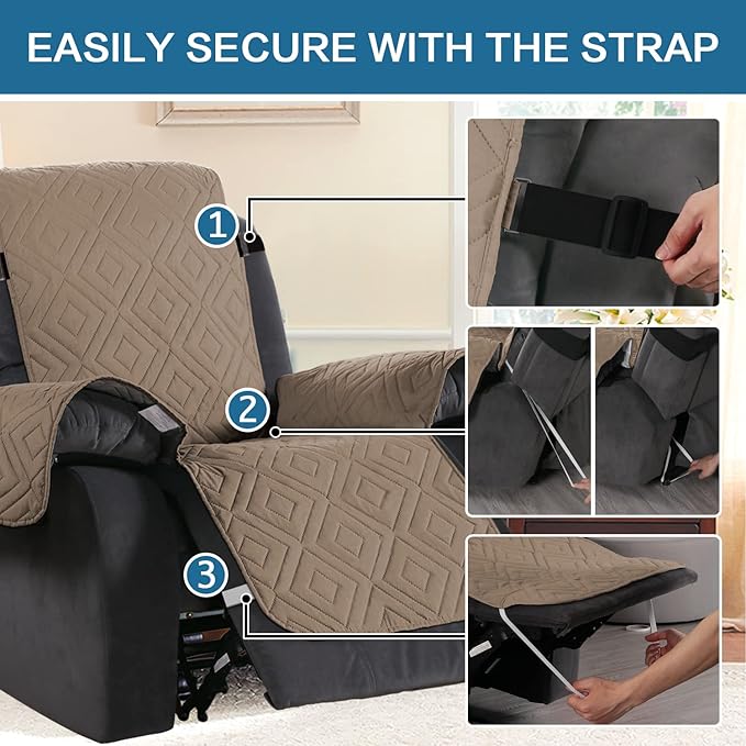 H.VERSAILTEX Reversible Quilted Recliner Covers Water Resistant Furniture Protector for Reclienr Chair with Elastic Straps for Pets Kids Sitting Width Up to 22"(Recliner, Taupe Brown/Beige)
