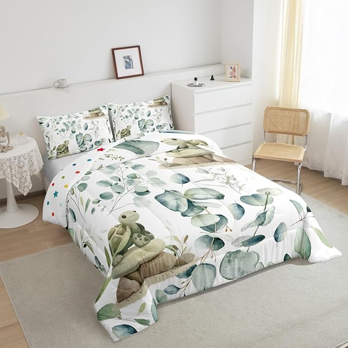 Erosebridal Kawaii Turtle Queen Size Comforter Set for Boys Girls Cartoon Animal Bedding Set, Eucalyptus Leaves Down Comforter Marine Wildlife Bed Set, Tropical Botanical Plants Quilted Duvet
