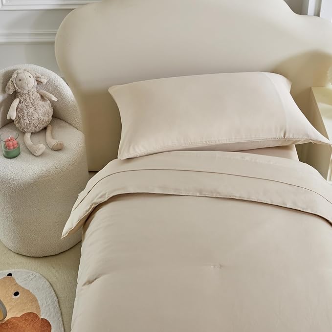 Toddler Bedding Set - 5 Piece Soft and Breathable Toddler Bed Set for Boys and Girls, Includes Quilted Comforter, Fitted Sheet, Flat Top Sheet, Standard Pillowcase and Toddler Pillowcase, Cream Beige