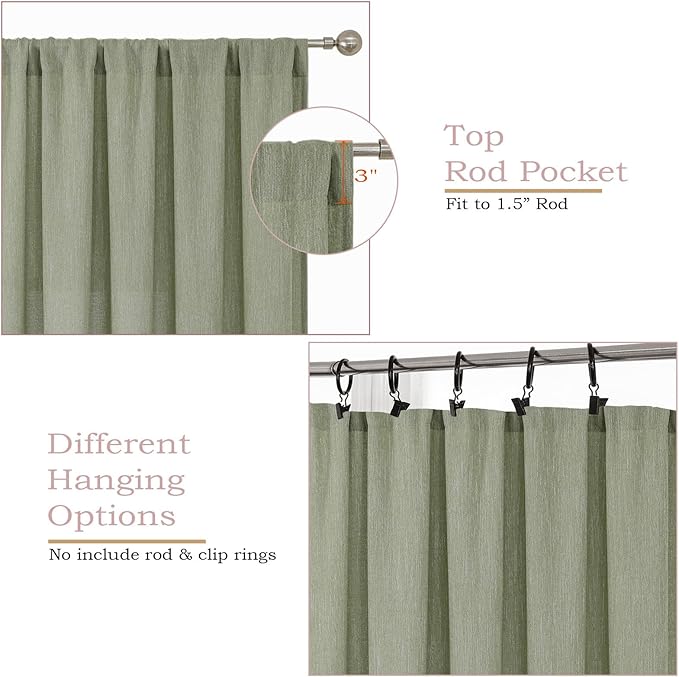 Simplebrand Sage Green Faux Linen Textured Semi Sheer Curtains 72 Inches Long 2 Panels Set, Light Filtering Privacy Farmhouse Curtains, Soft Window Drapes Rod Pocket Top for French Door, 40W x 72L