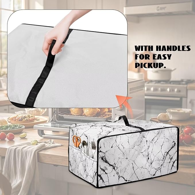 Toaster Oven Dust Cover with Pockets, Stain-resistant Kitchen Electrical Appliance Cover Countertop Ovens Decorations, S, 14.5 x 18.5 x 9 Inches, White Marble Black Crack