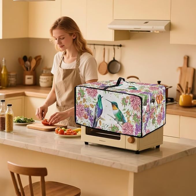 Toaster Oven Dust Cover for Countertop Convection Ovens, Dustproof Small Electrical Appliance Protector Kitchen Decor, S, 14.5 x 18.5 x 9 Inches, Hummingbird Pink Flower Creamy White