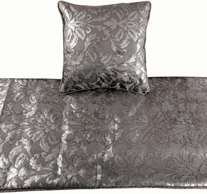 The HomeCentric Silver Bed Runner, Twin Size 53"x18" Decorative Bed Runner with 2 Matching Pillow Cover, Silver & Grey Velvet Bed Scarf in Foil Velvet Bead Border - Silver Glitterati