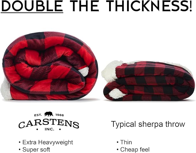 CARSTENS, INC. Ultra Premium Super Soft Plush Sherpa Fleece Oversized Throw Blanket 54" x 68", Red Buffalo Plaid