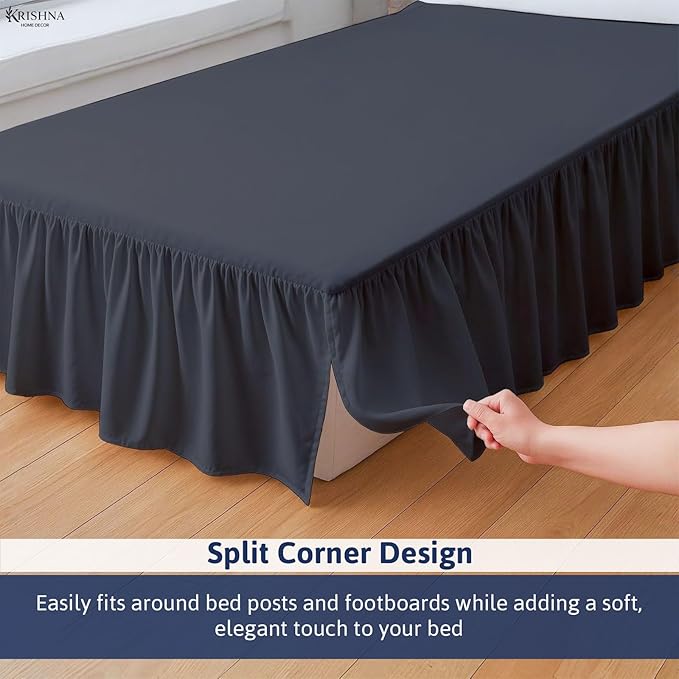 KRISHNA Ruffled Bed Skirt with Split Corners Twin, 100% Microfiber Hotel Quality, 24 Inch Drop Dust Ruffle Gathered Bedskirt with Platform, 39" x 75", Dark Grey