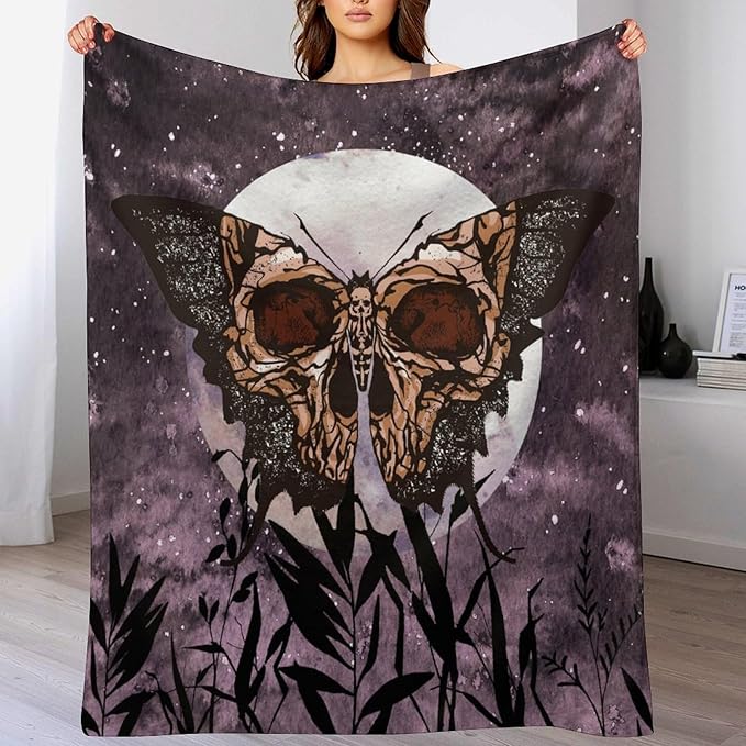 Death Moth Blanket, Boho Gothic Skull Moth Purple Starry Plant Full Moon Mysterious Witchy Throw Blanket for Couch Sofa Office Bed Travelling Bed Throws, 50"x60"
