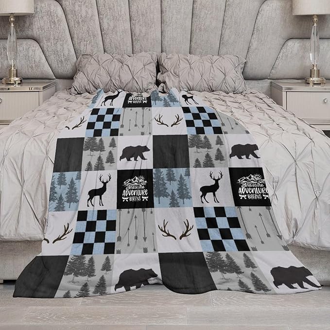 Bear Cabin Plaid Blanket, Rustic Retro Bear Deer Patchwork Gray Blue Farmhouse Throw Blanket for Couch Bed Living Room, 30"x40"