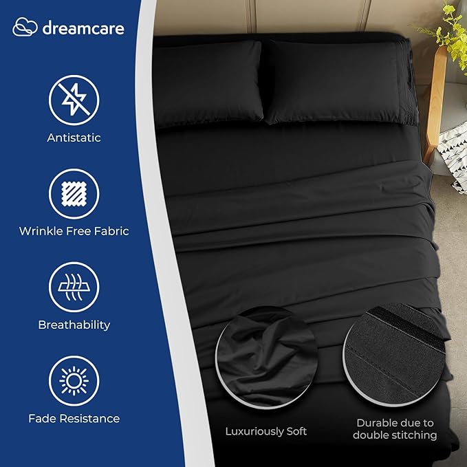 DREAMCARE Twin Sheets - Cooling Bed Sheets - 4pc Set - up to 15" Deep Pocket - Soft & Long Lasting 100% Fine Brushed Polyester with Side Pocket - Black