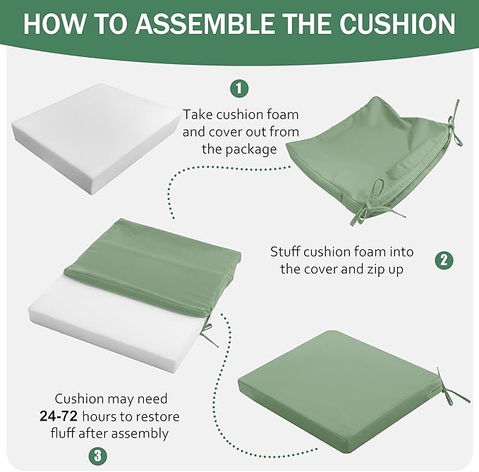 Outdoor Chair Cushions Set of 2: Waterproof & Fade Resistant Deep Seat Cushion for Patio Furniture - 24 x 24 Inch Chair Pad with Ties and Hidden Zipper - Patio Chair Cushion Replacement, Sage Green