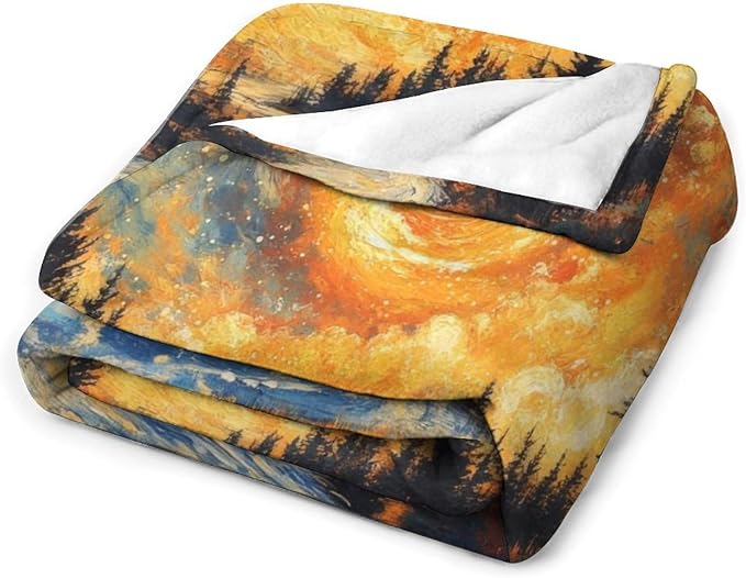 Magic Forest Blanket, Abstract Art Oil Painting Dreamworld River Jungle Sunset Pattern Soft Warm Cozy Plush Flannel Covers for Livingroom Bedroom Couch Chair Camping Travel Home Decor Tapestry 30x40in
