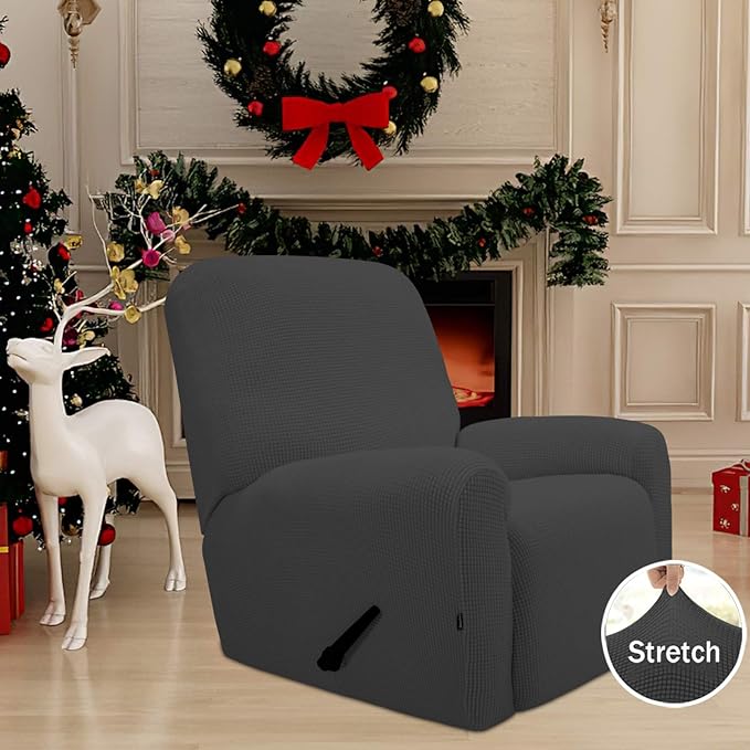 Easy-Going Recliner Stretch Sofa Slipcover Sofa Cover 4-Pieces Furniture Protector Couch Soft with Elastic Bottom, Spandex Jacquard Fabric Small Checks(Recliner,Dark Gray)