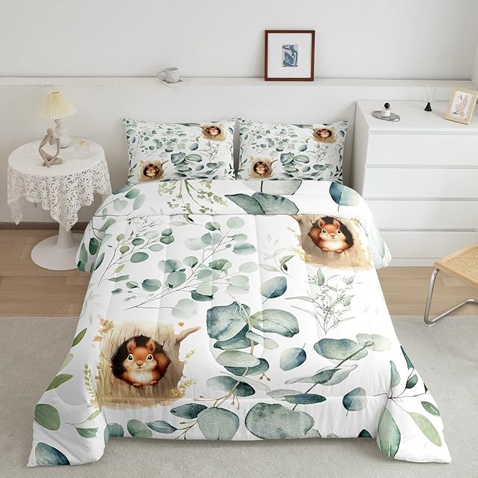 Erosebridal Kawaii Squirrel Full Comforter Set for Boys Girls Cartoon Animal Bedding Set Full, Eucalyptus Leaves Bedding Comforter Sets Jungle Wildlife Duvet Set, Tropical Plants Quilted Comforter