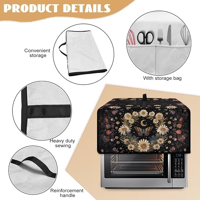Vintage Daisy Butterfly Moon Print Toaster Oven Cover with Storage Bags Dust Cover for Microwave Oven Polyester-Linen Small Appliance Dust Covers Fits Most Microwaves, L