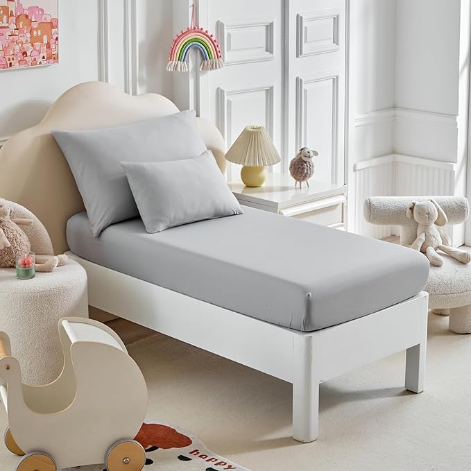 Toddler Bedding Set - 5 Piece Soft and Breathable Toddler Bed Set for Boys and Girls, Includes Quilted Comforter, Fitted Sheet, Flat Top Sheet, Standard Pillowcase and Toddler Pillowcase, Gray