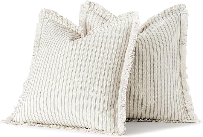 MIULEE Pack of 2 Sage Green Pillow Covers 20x20 Inch Striped Farmhouse Couch Spring Throw Pillow Covers with Fringe Chic Linen Decorative Cushion Covers for Sofa Living Room Bed Outdoor Home Decor