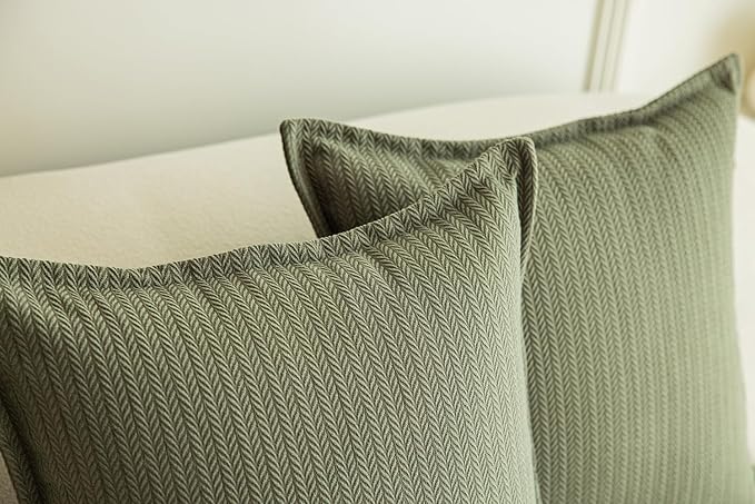 Set of 2 Cozy Striped Herringbone Flange Throw Pillow Covers, Aesthetic Embossed Pattern Pillow Covers for Couch and Bed - 16"x16", Sage Green