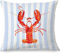 Coastal Christmas Lobster Pillow Covers 18x18, Christmas Lobster Decor, Xmas Santa Crawfish Beach Blue Striped Throw Pillow Covers for Home Bedroom Living Room Sofa Couch