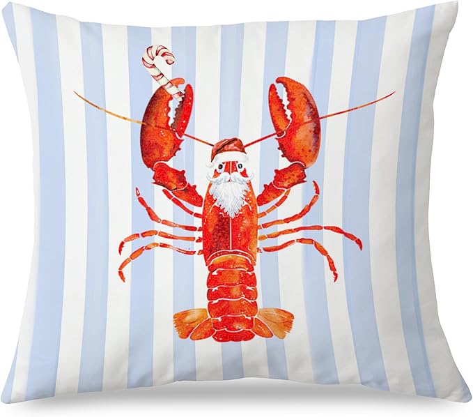 Coastal Christmas Lobster Pillow Covers 18x18, Christmas Lobster Decor, Xmas Santa Crawfish Beach Blue Striped Throw Pillow Covers for Home Bedroom Living Room Sofa Couch