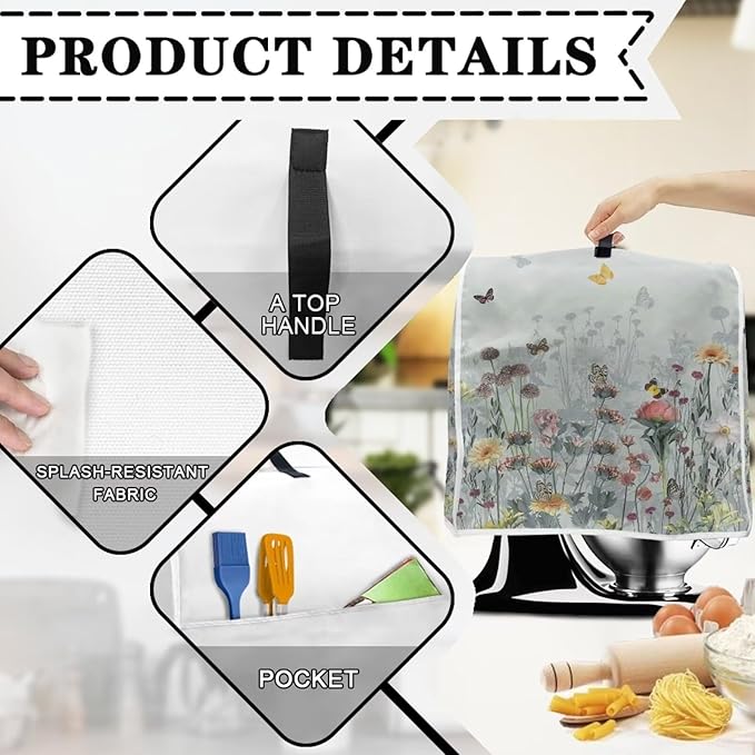 Floral Mixer Covers for Kitchen Aid 6-8 Quart Mixer Dust Cover with Top Handle Dustproof Food Processor Cover Kitchen Appliance Accessories
