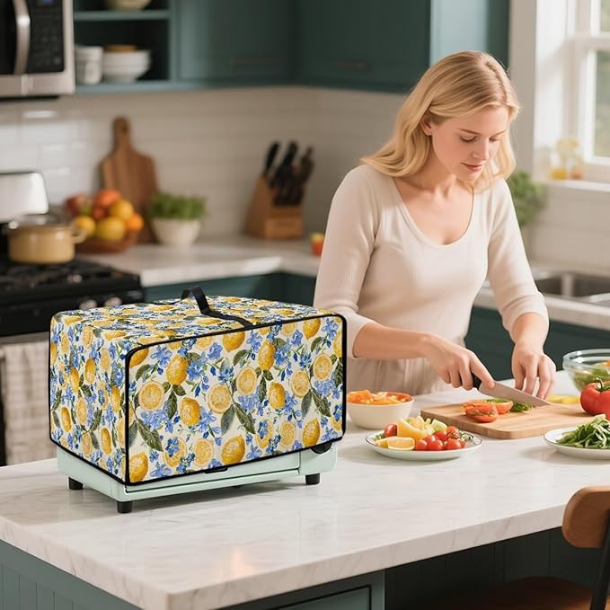 Waterproof Dust-Proof Microwave Oven Grill Cover Protector Lemon Floral Leaf Print Polyester-Linen Fabric Dust Cover with Storage Bags Case Protections for Microwave Oven, S