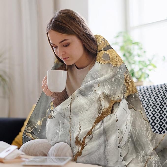 Modern Marble Blanket, Abstract Luxury Baroque Gold Grey Gradient Stone Veins Pattern Soft Warm Cozy Plush Flannel Covers for Livingroom Bedroom Couch Chair Camping Travel Home Decor Tapestry 40x50in