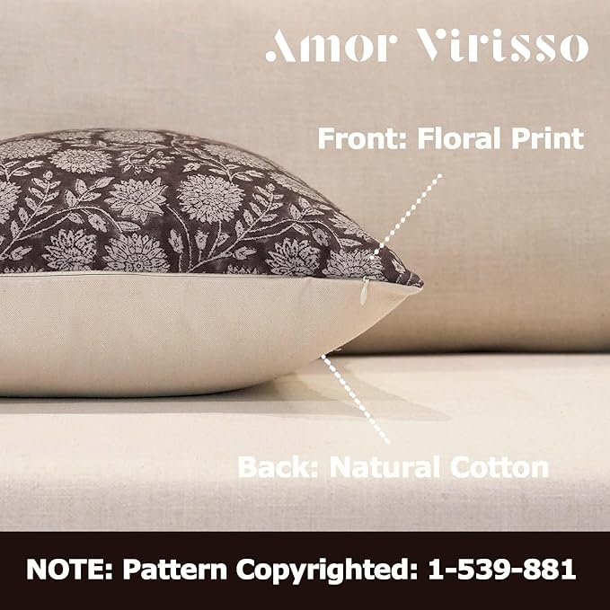 Amor Virisso Floral Pillow Covers 18x18 Throw Pillow Covers Vintage Block Print Pillow Cover Neutral Couch Pillows for Living Room Farmhouse Decorative Accent Sofa Pillows, Dark Brown