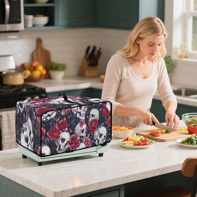 Skull Red Rose Print Microwave Oven Dust Cover Toaster Oven Cover with Top Handle Dust-Proof Kitchen Appliance Protector Dirt and Fingerprint Protection, S