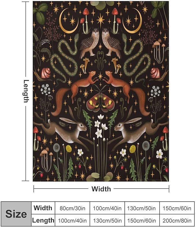 Rustic Forest Throw Blanket, Fairy Tale Forest Land Wild Animals Moths Flowers Moon Star Soft Flannal Blanket for Adult Kids Bed Couch Sofa, 60"x80"